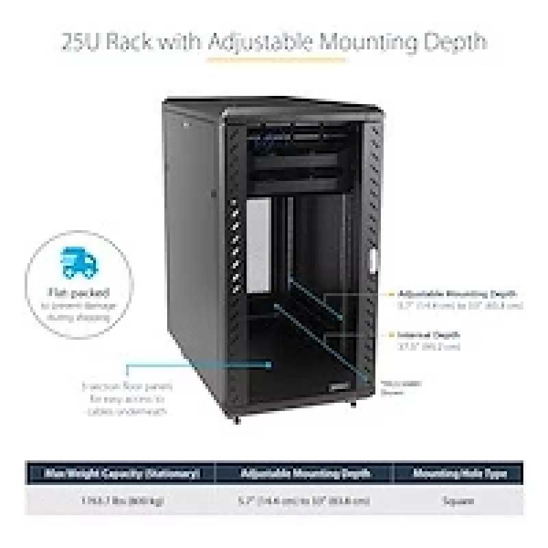 StarTech.com armario rack de servidor 25U de 4 postes, armario rack de datos de 19 pulgadas con cerradura para equipos informáticos/AV/IT, rack de red de oficina/hogar con ruedas y guías de montaje ajustables