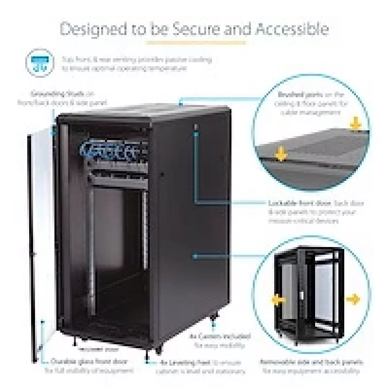 StarTech.com armario rack de servidor 25U de 4 postes, armario rack de datos de 19 pulgadas con cerradura para equipos informáticos/AV/IT, rack de red de oficina/hogar con ruedas y guías de montaje ajustables