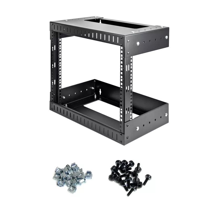 StarTech.com rack de red de montaje en pared 8U 19 pulgadas – profundidad ajustable 12–20 pulgadas rack de servidor de 2 postes open frame para equipos AV/datos/IT/comunicaciones/ordenadores/conmutador con tuercas de jaula y tornillos