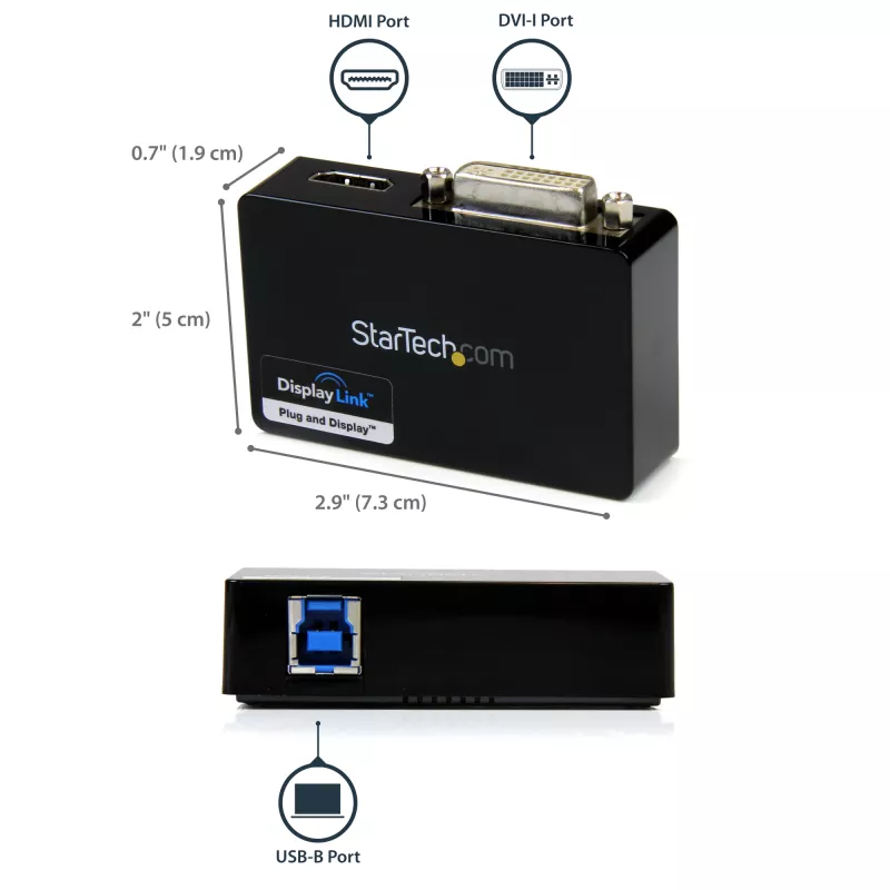 StarTech.com Adaptador USB 3.0 a HDMI / DVI - 2048 x 1152, 3.2 Gen 1 (3.1 Gen 1), USB Type-B, salida DVI, salida HDMI, 2048 x 1152 píxeles