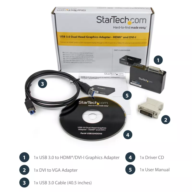 StarTech.com Adaptador USB 3.0 a HDMI / DVI - 2048 x 1152, 3.2 Gen 1 (3.1 Gen 1), USB Type-B, salida DVI, salida HDMI, 2048 x 1152 píxeles