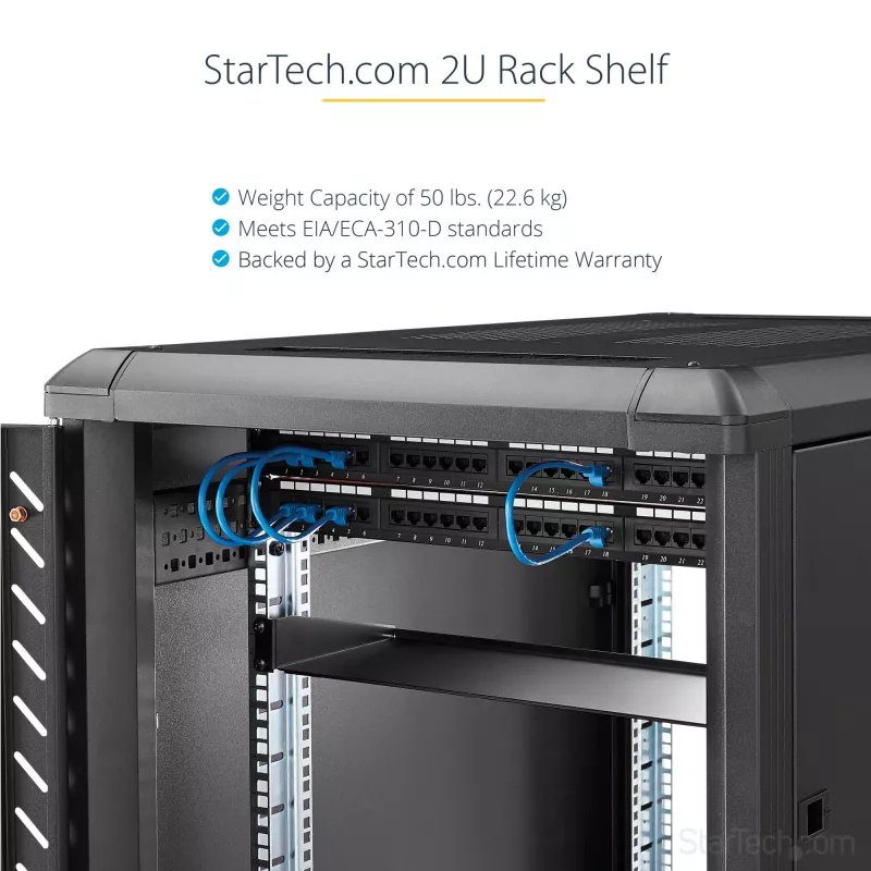 StarTech.com Bandeja de rack para servidor 2U – Bandeja de montaje en rack extensible universal para rack y armario de equipos de red de 19 pulgadas – Acero de alta resistencia – Capacidad de carga 22,6 kg – Bandeja de 22 pulgadas de profundidad, negro