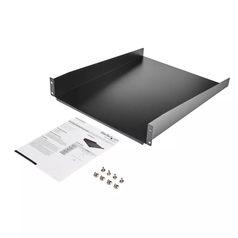 StarTech.com Bandeja de rack para servidor 2U – Bandeja de montaje en rack extensible universal para rack y armario de equipos de red de 19 pulgadas – Acero de alta resistencia – Capacidad de carga 22,6 kg – Bandeja de 22 pulgadas de profundidad, negro