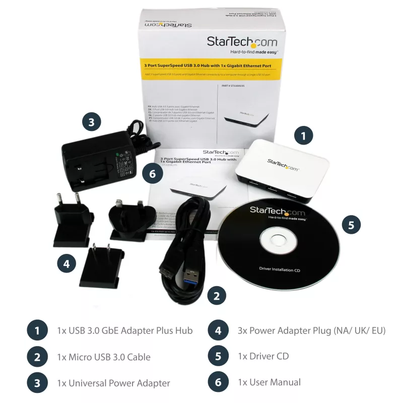 StarTech.com adaptador de red USB 3.0 a Gigabit Ethernet NIC con hub de 3 puertos – blanco