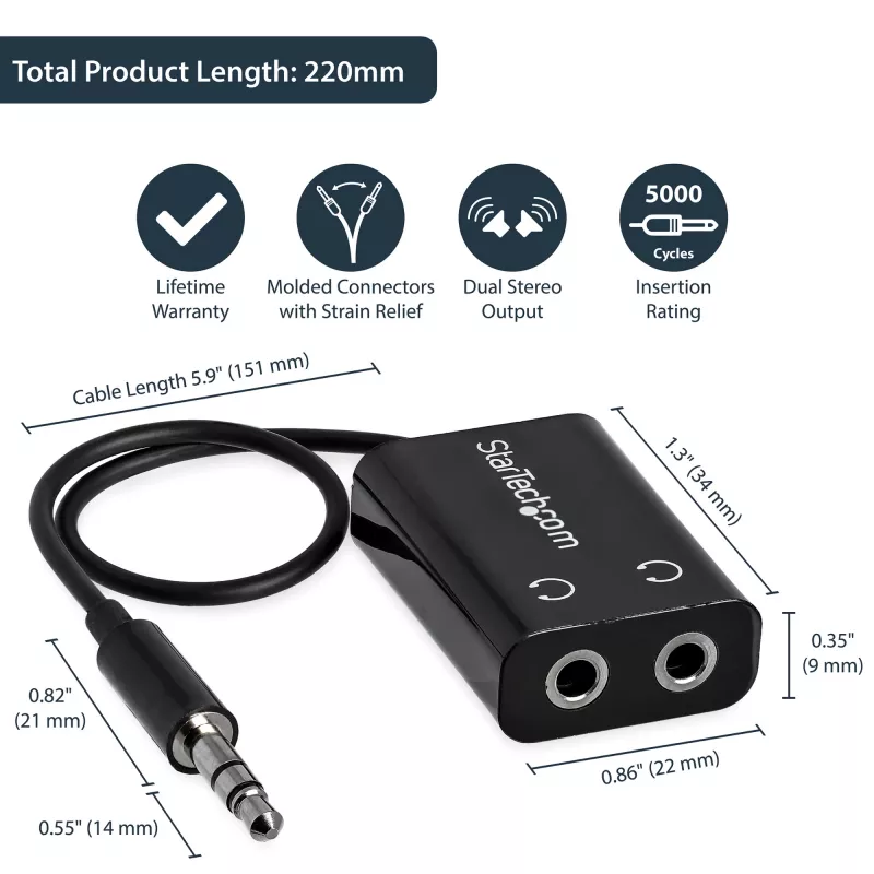 StarTech.com adaptador de cable divisor de auriculares mini jack delgado negro – conector macho de 3,5 mm a 2 conectores hembra de 3,5 mm