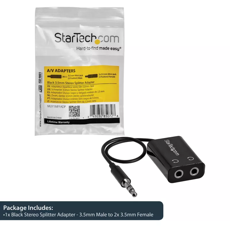 StarTech.com adaptador de cable divisor de auriculares mini jack delgado negro – conector macho de 3,5 mm a 2 conectores hembra de 3,5 mm