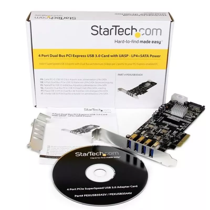 StarTech.com adaptador de tarjeta PCI Express (PCIe) de 4 puertos SuperSpeed USB 3.0 con 2 canales dedicados de 5 Gbit/s – UASP – alimentación SATA / LP4