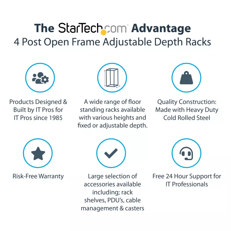StarTech.com Rack de servidor móvil de 42U de 4 postes con estructura abierta, rack de red de 19