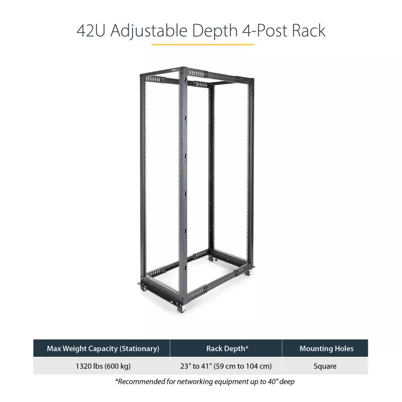 StarTech.com Rack de servidor móvil de 42U de 4 postes con estructura abierta, rack de red de 19