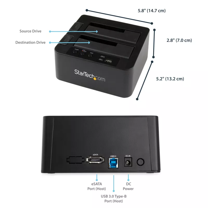 StarTech.com Duplicador de discos duros de doble bahía, clonador/copiador autónomo USB 3.0 (5 Gbit/s) / eSATA a SATA III de 2,5/3,5