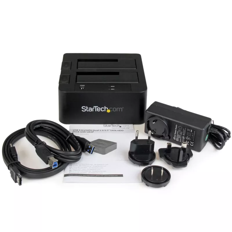 StarTech.com Docking station de discos duros USB 3.0 / eSATA a SATA de doble bahía, dock de discos duros USB, docking station externa para SSD/HDD SATA I/II/III de 2,5/3,5