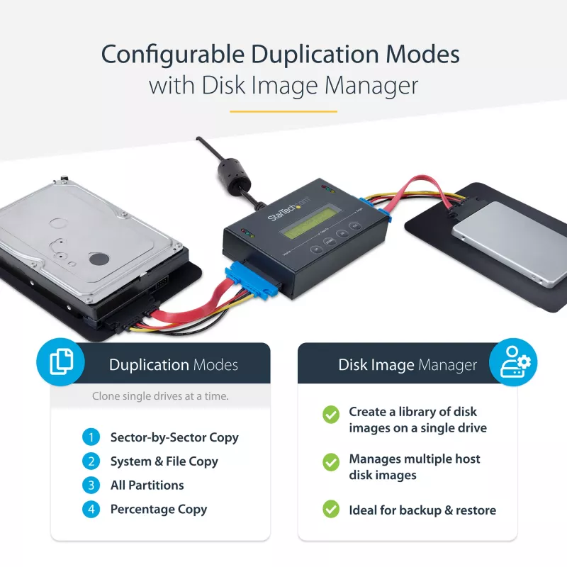 StarTech.com Duplicador de discos duros autónomo 1:1 con gestor de imágenes de disco para copia de seguridad y restauración, almacena varias imágenes de disco en una unidad SATA de 2,5/3,5