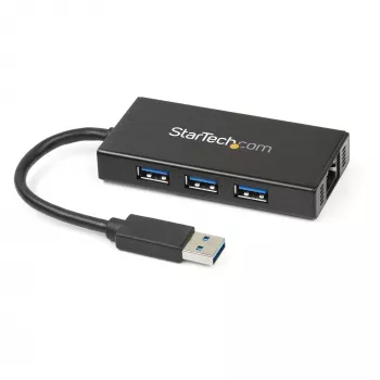 StarTech.com Hub USB 3.0 portátil de 3 puertos con Gigabit Ethernet - Aluminio con cable integrado~Hub USB 3.0 portátil de 3 puertos con Gigabit Ethernet - 5 Gbit/s - Aluminio con cable integrado