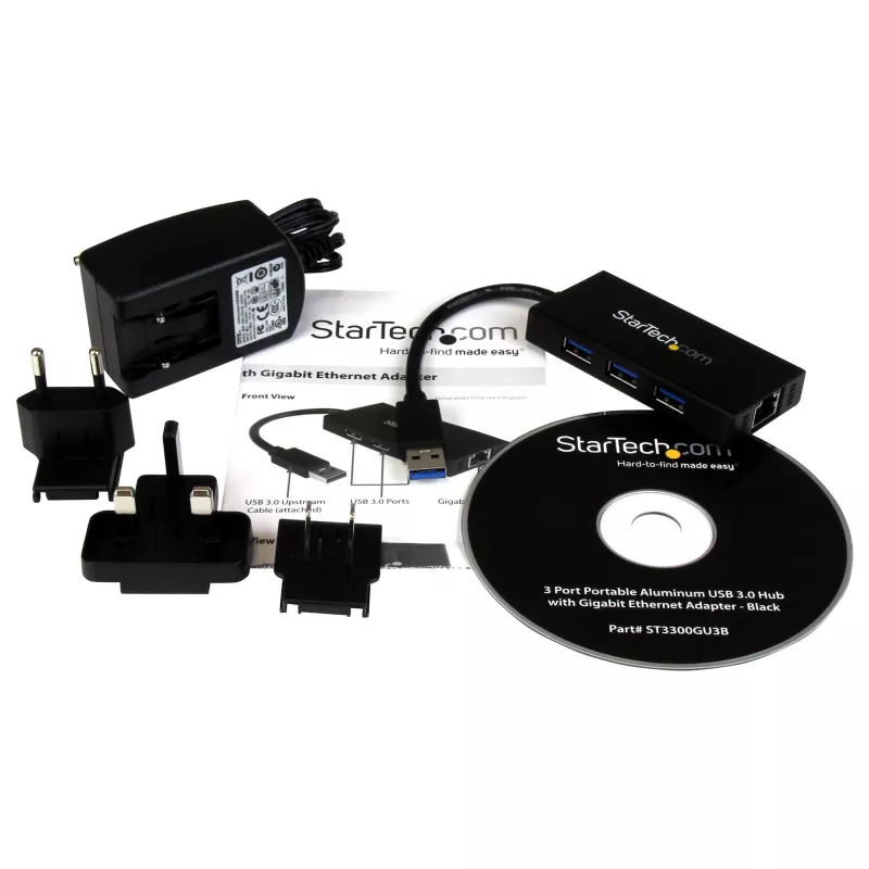 StarTech.com Hub USB 3.0 portátil de 3 puertos con Gigabit Ethernet - Aluminio con cable integrado~Hub USB 3.0 portátil de 3 puertos con Gigabit Ethernet - 5 Gbit/s - Aluminio con cable integrado