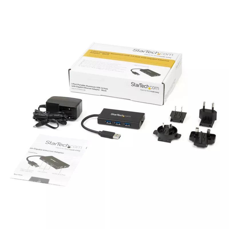 StarTech.com Hub USB 3.0 portátil de 3 puertos con Gigabit Ethernet - Aluminio con cable integrado~Hub USB 3.0 portátil de 3 puertos con Gigabit Ethernet - 5 Gbit/s - Aluminio con cable integrado