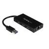 StarTech.com Hub USB 3.0 portátil de 3 puertos con Gigabit Ethernet - Aluminio con cable integrado~Hub USB 3.0 portátil de 3 puertos con Gigabit Ethernet - 5 Gbit/s - Aluminio con cable integrado