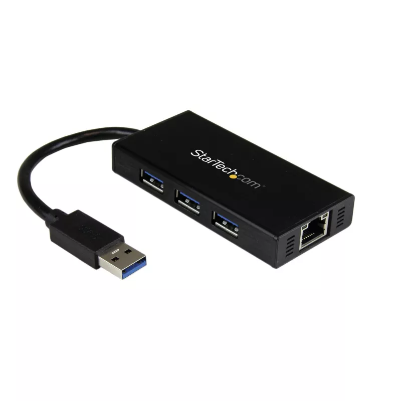 StarTech.com Hub USB 3.0 portátil de 3 puertos con Gigabit Ethernet - Aluminio con cable integrado~Hub USB 3.0 portátil de 3 puertos con Gigabit Ethernet - 5 Gbit/s - Aluminio con cable integrado