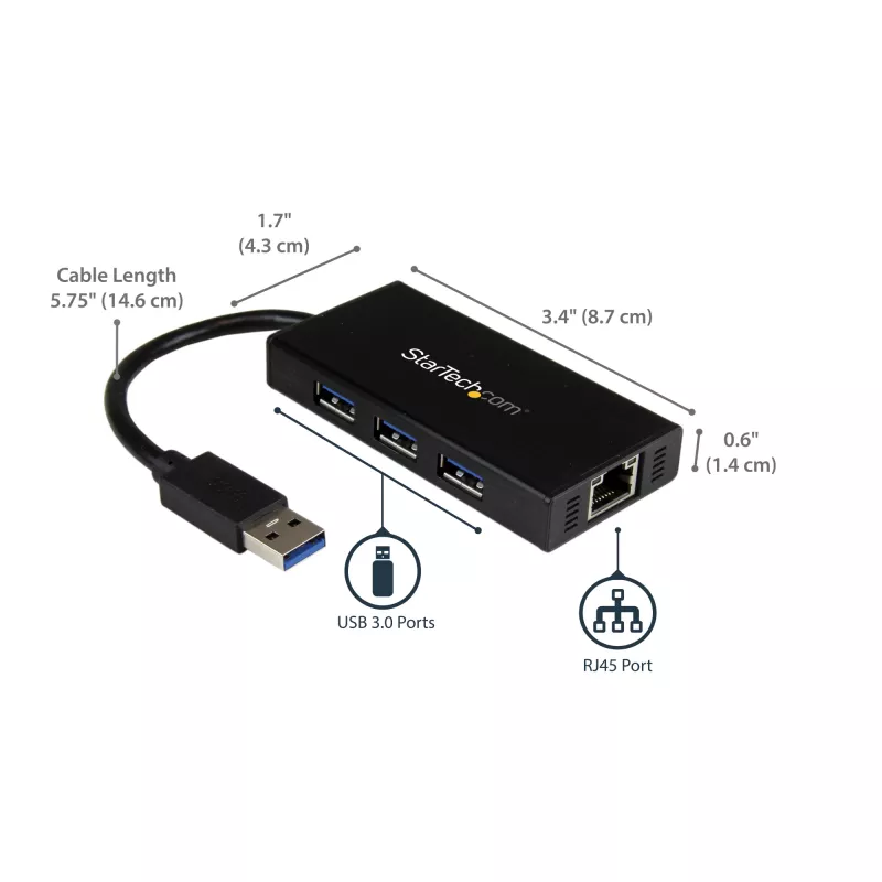 StarTech.com Hub USB 3.0 portátil de 3 puertos con Gigabit Ethernet - Aluminio con cable integrado~Hub USB 3.0 portátil de 3 puertos con Gigabit Ethernet - 5 Gbit/s - Aluminio con cable integrado