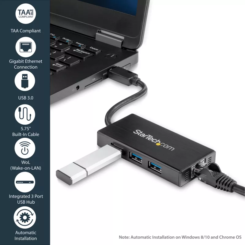 StarTech.com Hub USB 3.0 portátil de 3 puertos con Gigabit Ethernet - Aluminio con cable integrado~Hub USB 3.0 portátil de 3 puertos con Gigabit Ethernet - 5 Gbit/s - Aluminio con cable integrado