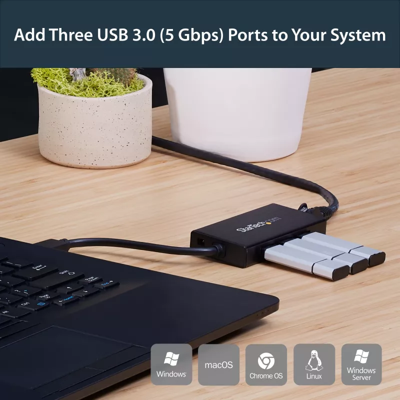 StarTech.com Hub USB 3.0 portátil de 3 puertos con Gigabit Ethernet - Aluminio con cable integrado~Hub USB 3.0 portátil de 3 puertos con Gigabit Ethernet - 5 Gbit/s - Aluminio con cable integrado