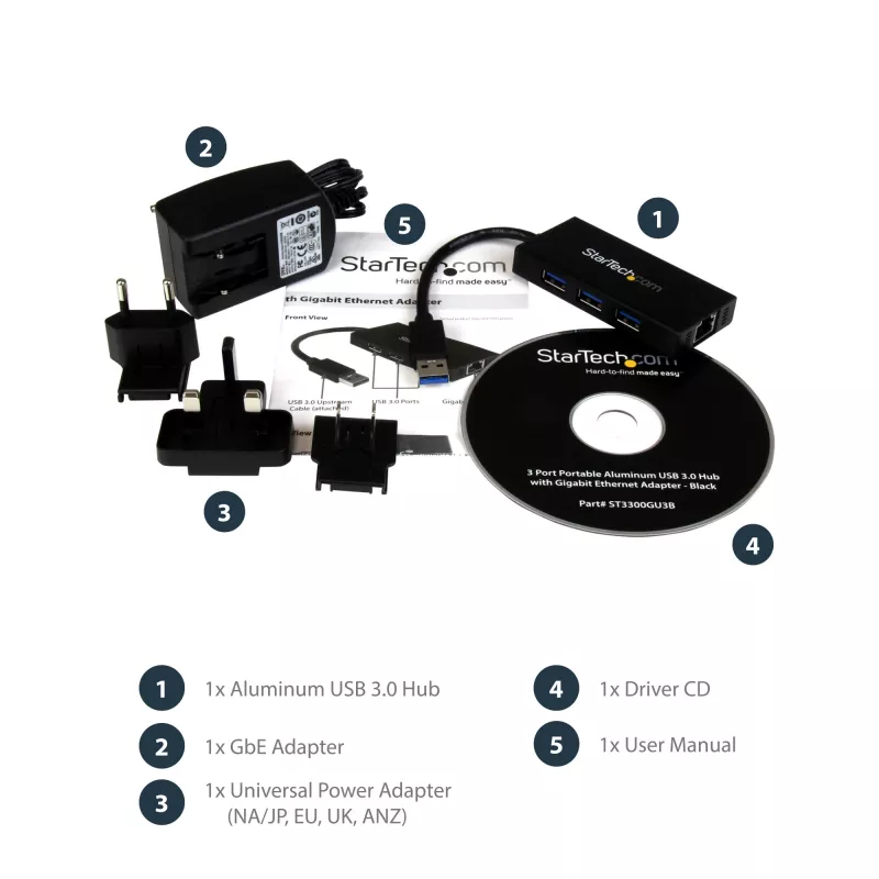 StarTech.com Hub USB 3.0 portátil de 3 puertos con Gigabit Ethernet - Aluminio con cable integrado~Hub USB 3.0 portátil de 3 puertos con Gigabit Ethernet - 5 Gbit/s - Aluminio con cable integrado