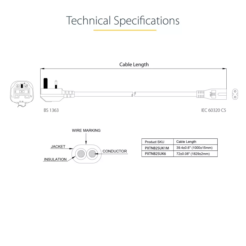 StarTech.com Cable de alimentación para portátil UK de 3ft (1m), BS 1363 a C7, 2,5A 250V, 18AWG, negro, cable de repuesto para portátil UK, cable de alimentación de impresora, cable de carga de portátil CA, cable de fuente de alimentación de portátil