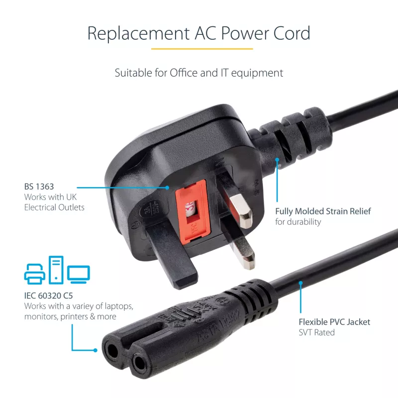 StarTech.com Cable de alimentación para portátil UK de 3ft (1m), BS 1363 a C7, 2,5A 250V, 18AWG, negro, cable de repuesto para portátil UK, cable de alimentación de impresora, cable de carga de portátil CA, cable de fuente de alimentación de portátil