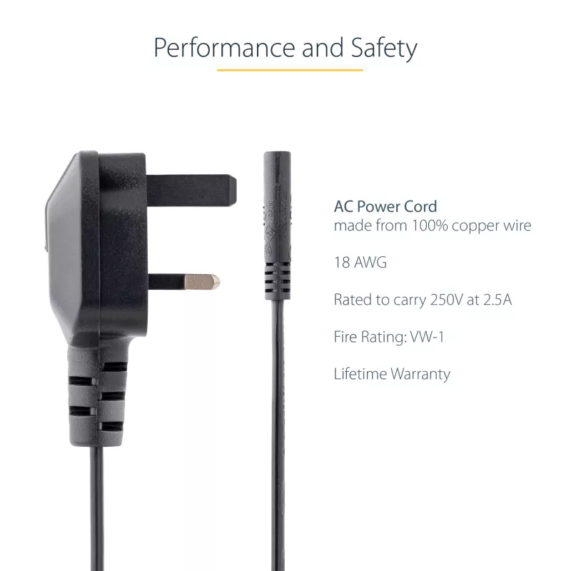 StarTech.com Cable de alimentación para portátil UK de 3ft (1m), BS 1363 a C7, 2,5A 250V, 18AWG, negro, cable de repuesto para portátil UK, cable de alimentación de impresora, cable de carga de portátil CA, cable de fuente de alimentación de portátil