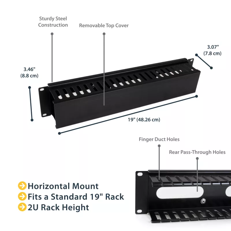 StarTech.com Canaleta de gestión de cables horizontal de 2U para rack de servidor con tapa – Placa de canaleta de cables para rack de red de 19
