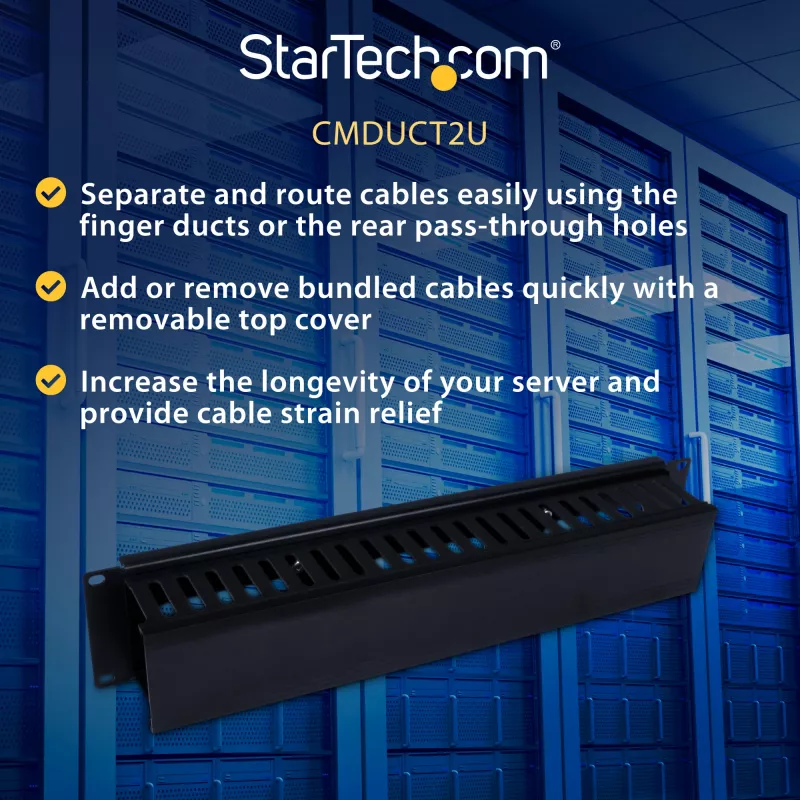 StarTech.com Canaleta de gestión de cables horizontal de 2U para rack de servidor con tapa – Placa de canaleta de cables para rack de red de 19