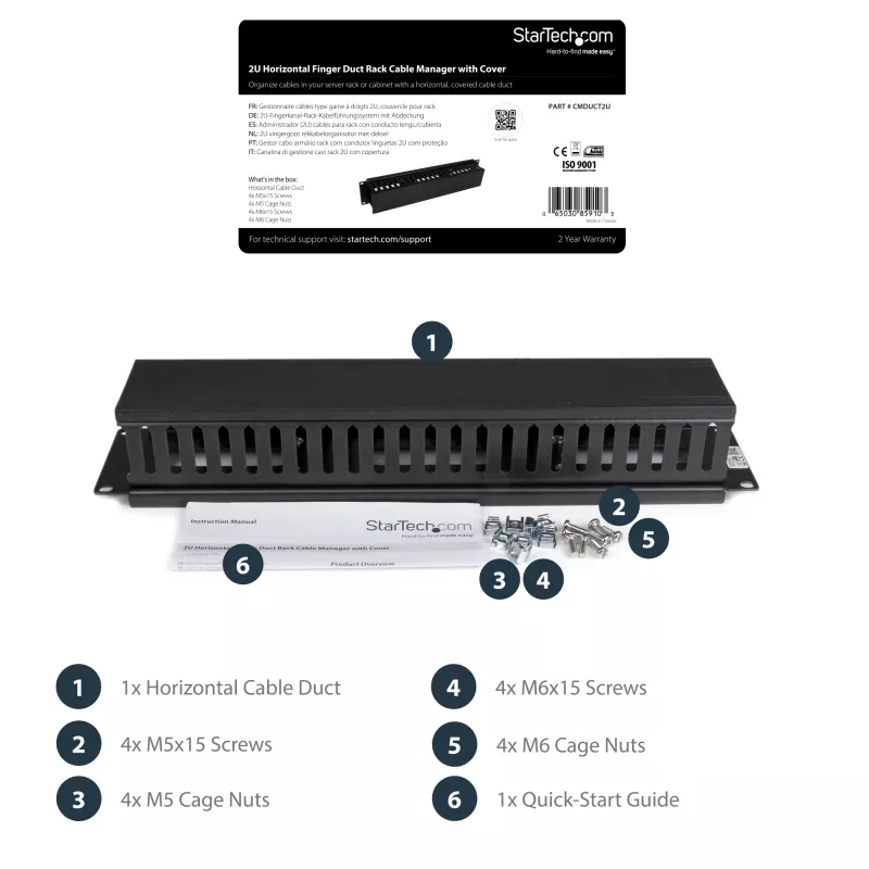 StarTech.com Canaleta de gestión de cables horizontal de 2U para rack de servidor con tapa – Placa de canaleta de cables para rack de red de 19