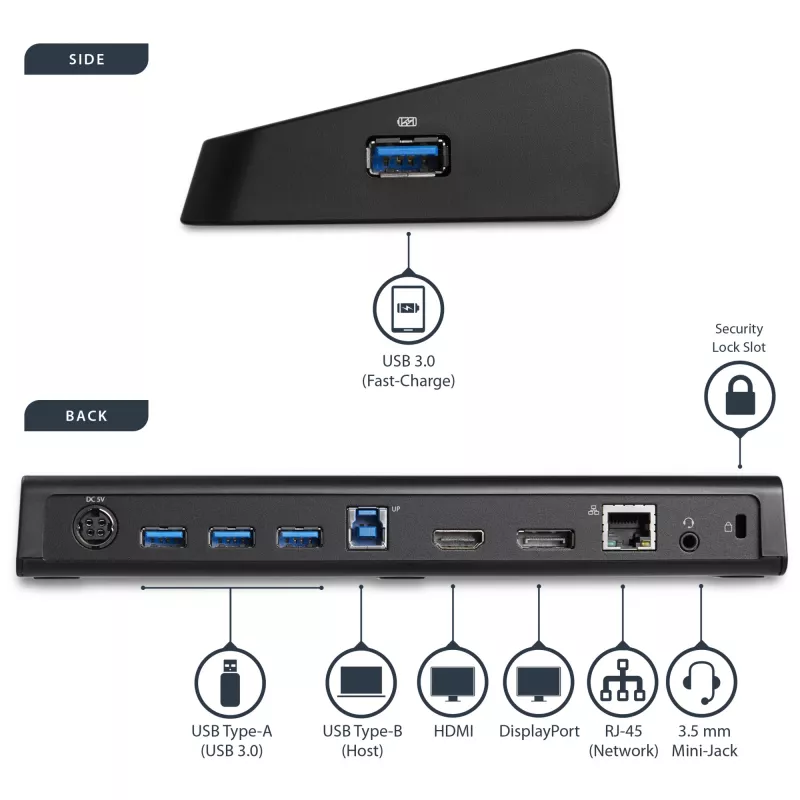 StarTech.com Docking station USB 3.0 para doble monitor con HDMI y DisplayPort 4K – USB 3.0 a 4x USB-A, Ethernet, HDMI y DP – Docking station universal USB Type-A para portátil Mac y Windows