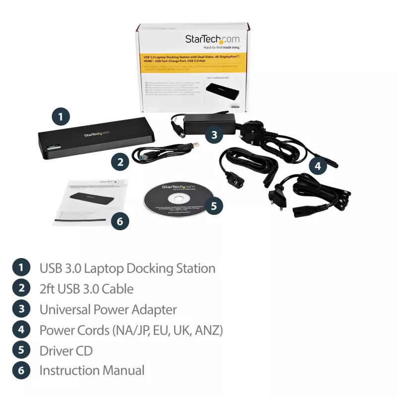 StarTech.com Docking station USB 3.0 para doble monitor con HDMI y DisplayPort 4K – USB 3.0 a 4x USB-A, Ethernet, HDMI y DP – Docking station universal USB Type-A para portátil Mac y Windows