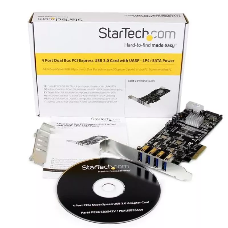 StarTech.com tarjeta PCI Express USB 3.0 de 4 puertos, PCIe, USB 3.2 Gen 1 (3.1 Gen 1), perfil completo/bajo, PCI 2.0, negro, acero inoxidable, 3 m
