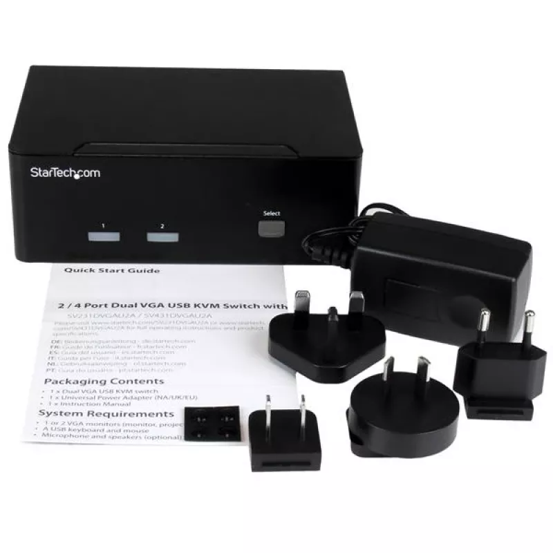 StarTech.com conmutador KVM de 2 puertos con doble VGA – USB 2.0, 1920 x 1200 píxeles, Full HD, 18 W, negro