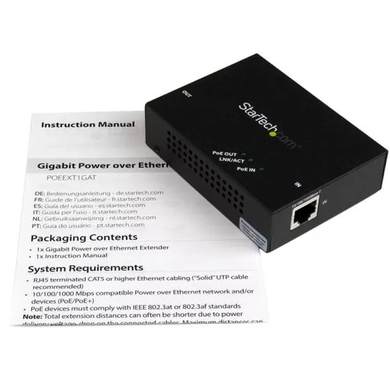 StarTech.com extensor PoE+ Gigabit de 1 puerto – 802.3at y 802.3af – 100 m