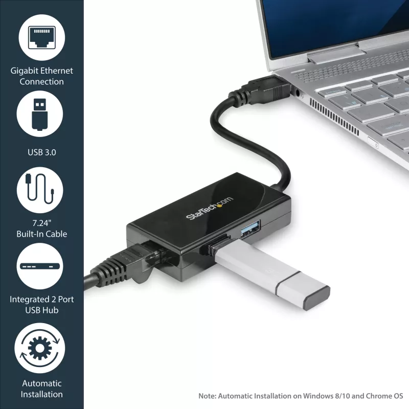 StarTech.com Adaptador USB a Ethernet, convertidor de LAN USB 3.0 a Gigabit Ethernet 10/100/1000 para portátiles, cable fijo de 11,8