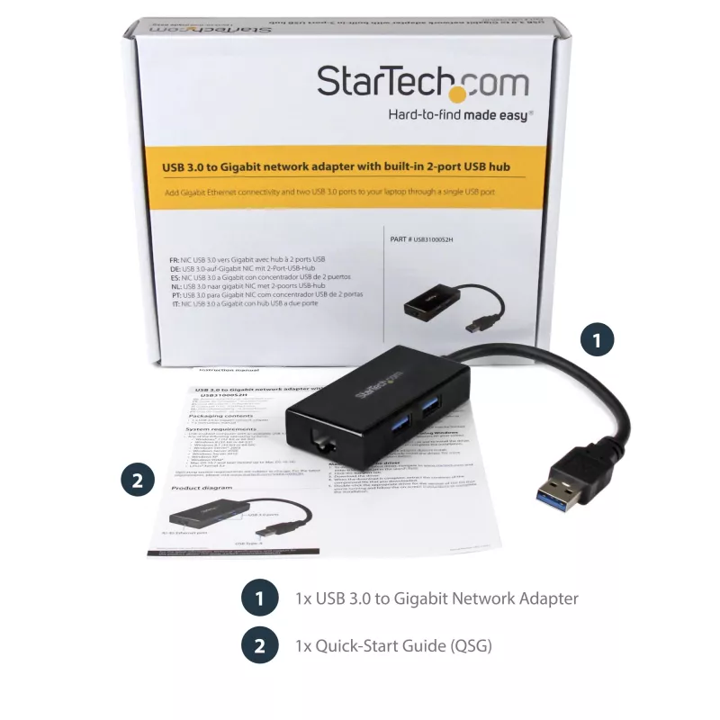 StarTech.com Adaptador USB a Ethernet, convertidor de LAN USB 3.0 a Gigabit Ethernet 10/100/1000 para portátiles, cable fijo de 11,8