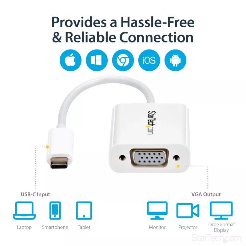 StarTech.com Adaptador USB-C a VGA – Blanco, 3.2 Gen 1 (3.1 Gen 1), USB Type-C, salida VGA (D-Sub), 1920 x 1200 píxeles