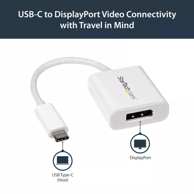 StarTech.com Adaptador USB-C a DisplayPort – 4K 60Hz/8K 30Hz – Dongle adaptador USB Type-C a DP 1.4 HBR2 – Convertidor de vídeo compacto USB-C (DP Alt Mode) para monitor – Compatible con Thunderbolt 3 – Blanco
