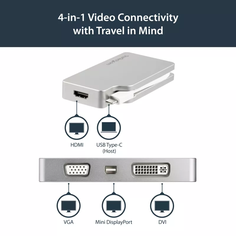 StarTech.com Adaptador de vídeo multipuerto USB-C con HDMI, VGA, Mini DisplayPort o DVI – Adaptador de monitor USB Type-C a HDMI 1.4 o mDP 1.2 (4K) – VGA o DVI (1080p) – Aluminio plateado