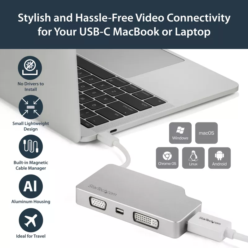 StarTech.com Adaptador de vídeo multipuerto USB-C con HDMI, VGA, Mini DisplayPort o DVI – Adaptador de monitor USB Type-C a HDMI 1.4 o mDP 1.2 (4K) – VGA o DVI (1080p) – Aluminio plateado