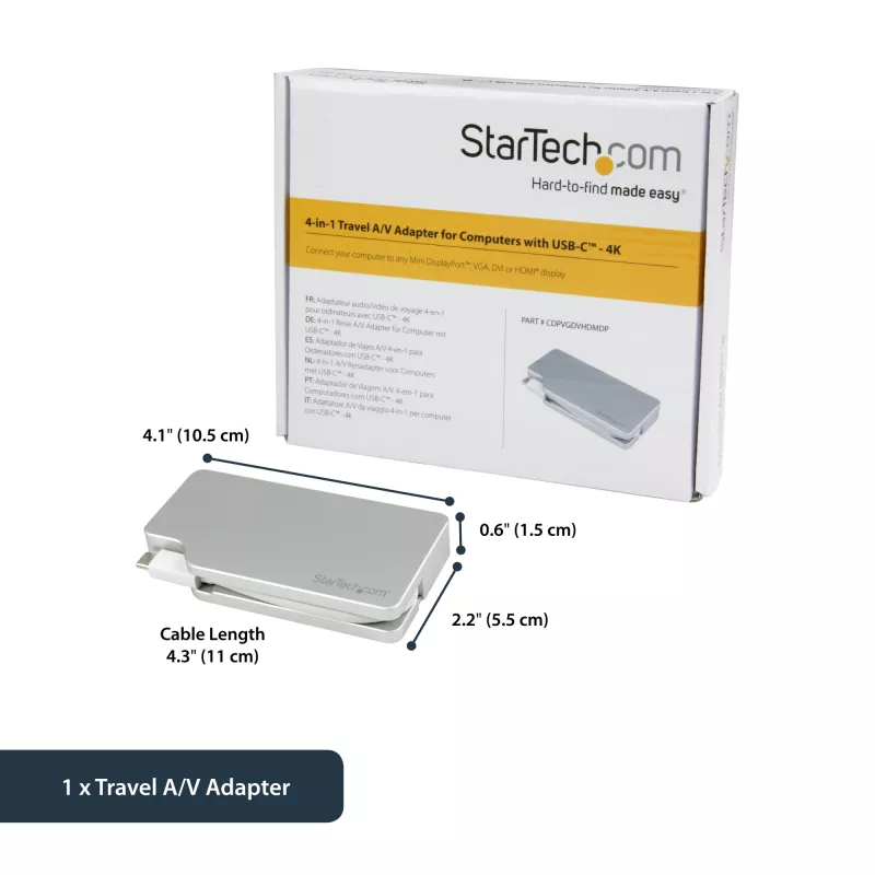 StarTech.com Adaptador de vídeo multipuerto USB-C con HDMI, VGA, Mini DisplayPort o DVI – Adaptador de monitor USB Type-C a HDMI 1.4 o mDP 1.2 (4K) – VGA o DVI (1080p) – Aluminio plateado