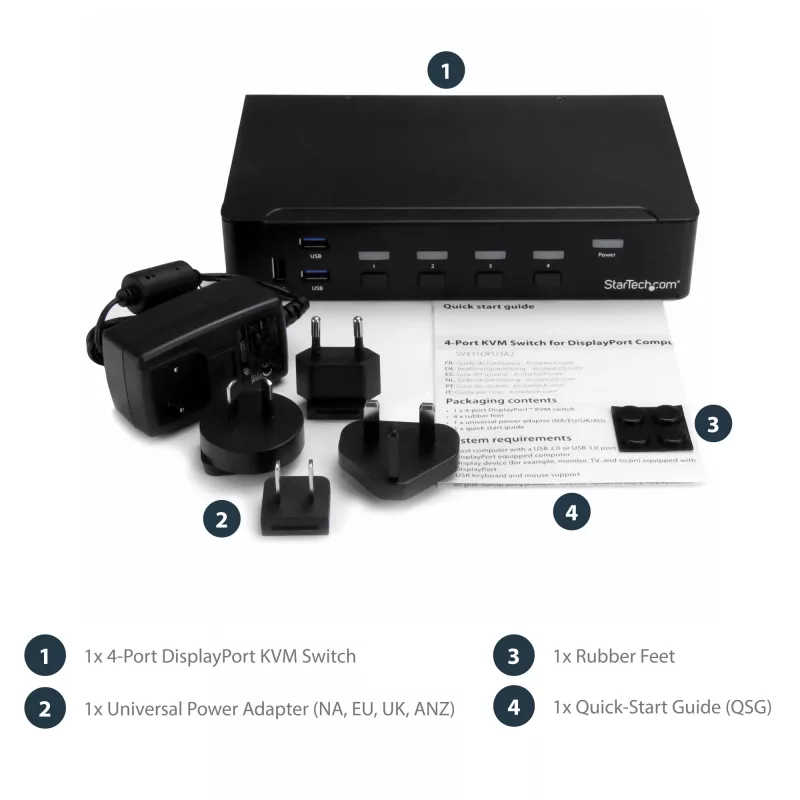 StarTech.com Conmutador KVM DisplayPort de 4 puertos – USB 3.0 – 4K 30Hz