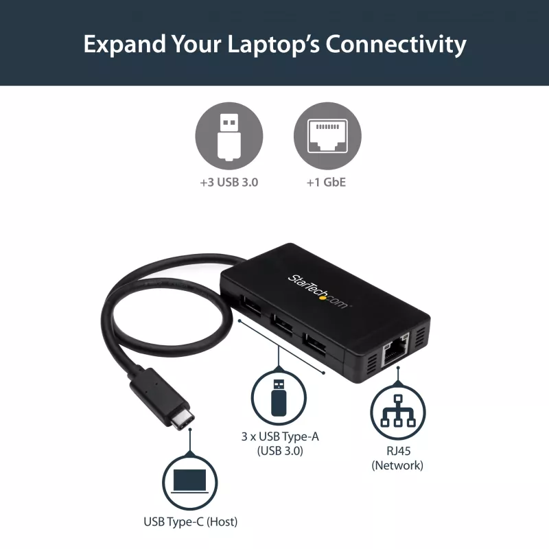 StarTech.com Hub USB 3.0 de 3 puertos más Gigabit Ethernet – USB-C – Incluye fuente de alimentación