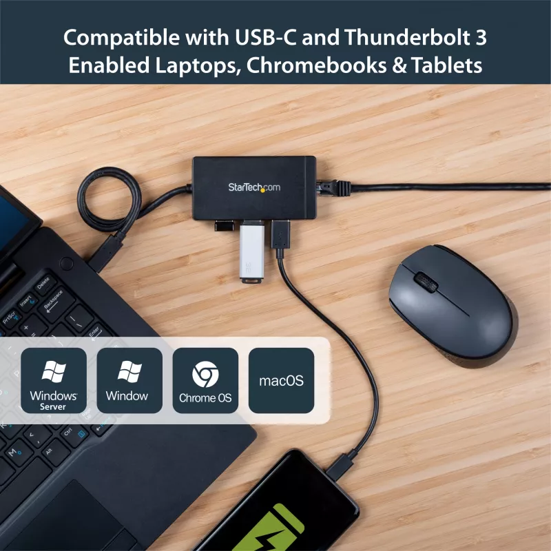 StarTech.com Hub USB 3.0 de 3 puertos más Gigabit Ethernet – USB-C – Incluye fuente de alimentación