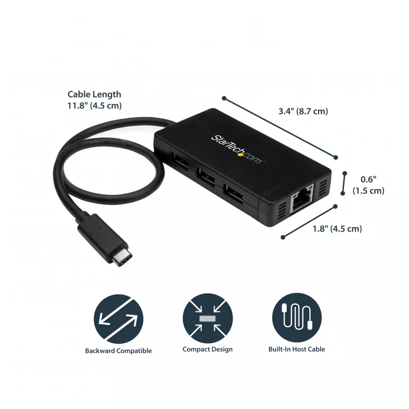StarTech.com Hub USB 3.0 de 3 puertos más Gigabit Ethernet – USB-C – Incluye fuente de alimentación