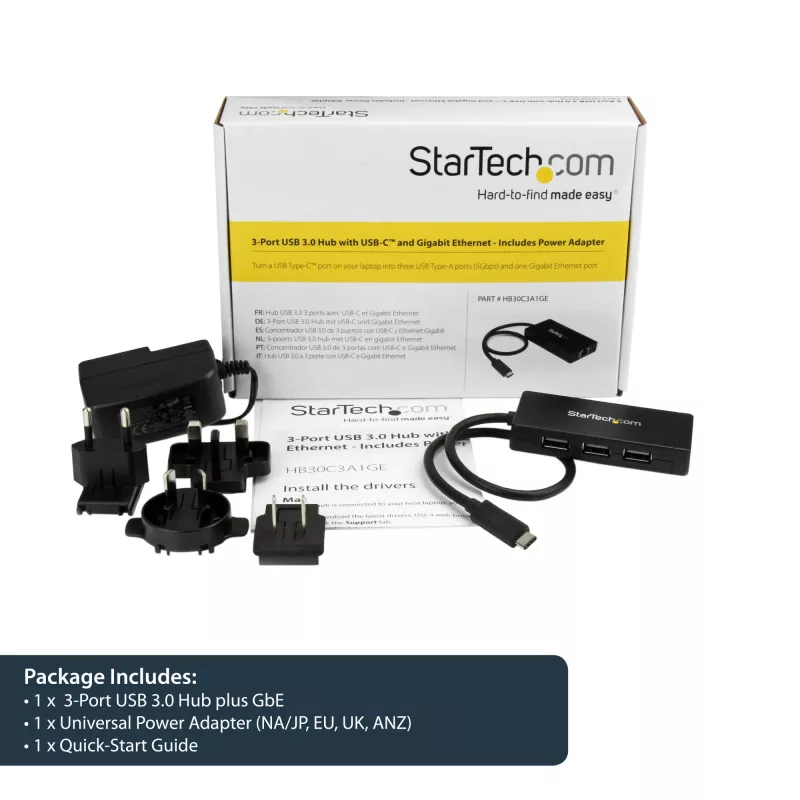 StarTech.com Hub USB 3.0 de 3 puertos más Gigabit Ethernet – USB-C – Incluye fuente de alimentación