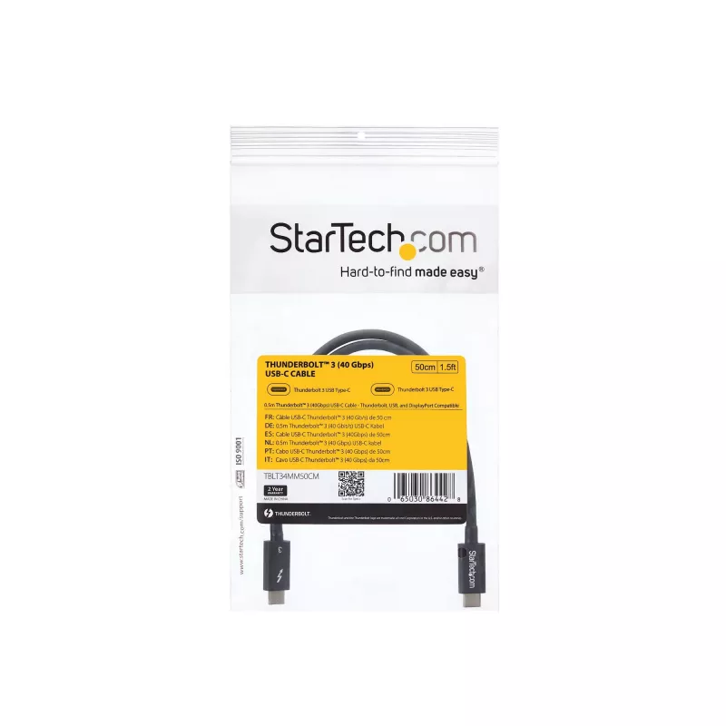 StarTech.com Cable USB-C Thunderbolt 3 de 0,5 m (40 Gbit/s) – Compatible con Thunderbolt, USB y DisplayPort