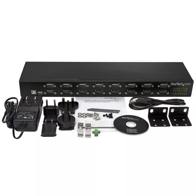 StarTech.com Hub adaptador USB a serie de 16 puertos, USB 2.0 Tipo-B, Serie, 480 Mbit/s, negro, acero, 36 W